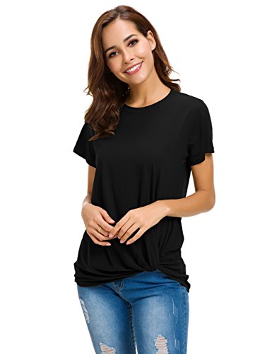 LUSMAY Womens Short Sleeve Loose Twist Knot Front T Shirts Cotton Casual Blouse4