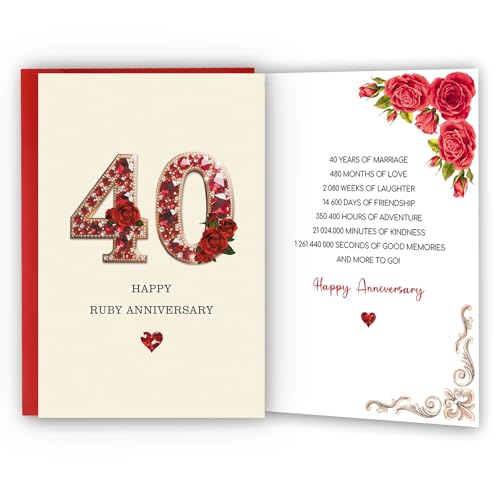 Bestmelo 40th Anniversary Card,40th Anniversary Decorations,40 Year Wedding Anniversary Card Gift,Happy Ruby Anniversary,8x5.3 Inches,Double-Sided