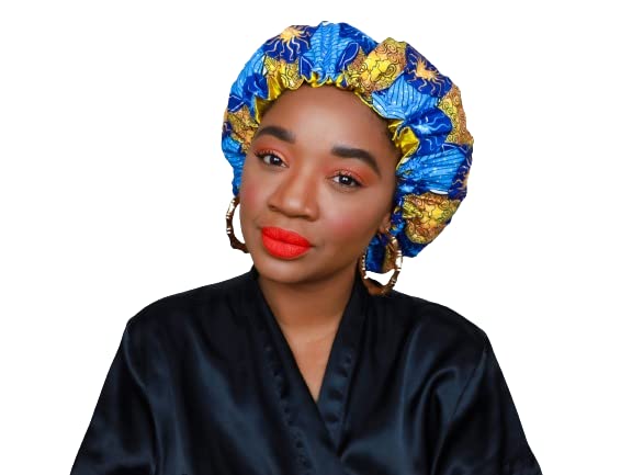 Royal Divine Services LLC - Nola Royal Queenie Elastic African Print Satin Lined Bonnet (Tulinagwe-God is with Us)- Sleep Cap, Protect Hair from Breakage, Locks in Moisture, Prevents Dryness