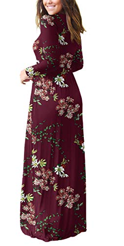 Dearcase Maxi Dress For Women Flower Wine Red Large Maternity Round Neck Boho Long Sleeves Teacher A-Line Casual Hawaiian Empire Waist Flowy Party Vintage Spring Fall Winter Dresses With Pocket #TOP2