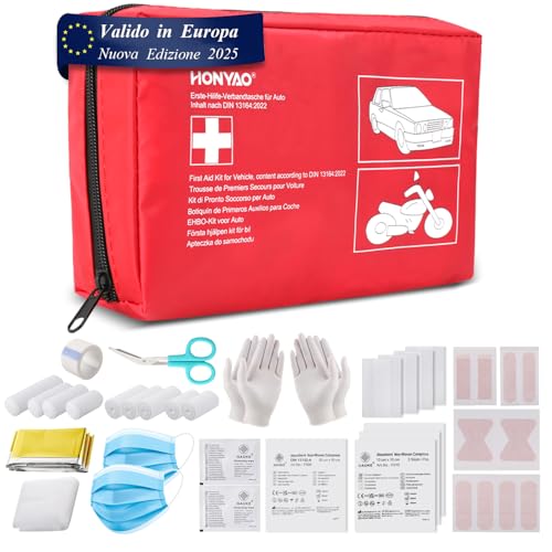 HONYAO Kit di Pronto Soccorso Auto, Kit Primo Soccorso Conforme alla più Recente Norma DIN 13164, Borsa Pronto Soccorso per Auto Moto Camion Roulotte Viaggio Campeggio Casa