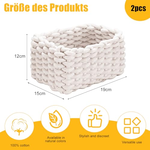 Aufbewahrungskorb Geflochten, 2 Stück Häkelkorb, 19 x 15 x 12 cm Aufbewahrungskorb Kinder, Waschbar und Faltbar Klein Organizer Korb, Weiß Körbe Geflochten für Babyzimmer Wohnzimmer Schlafzimmer