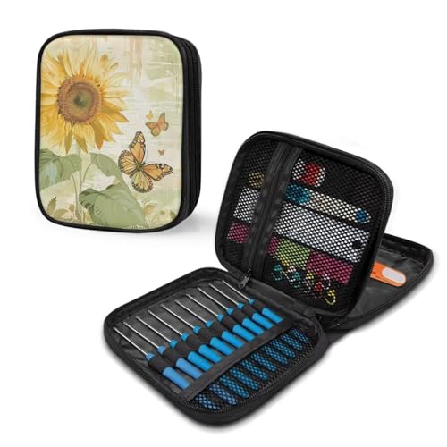 Image of Crochet Hook Case Sunflower Crochet Hook Holder Portable Crochet Hook Storage Bag with Web Pockets Suitable for Crochet Needles /Knitting Accessories