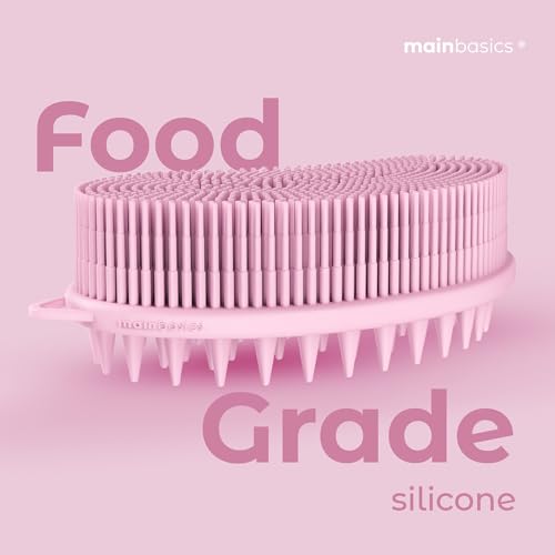Image of MainBasics Exfoliating Silicone Body Scrubber Pro 2-in-1 Shower Scrubber for Body Care, Silicone Loofah and Scalp Massager (Pale Pink, Body + Scalp)