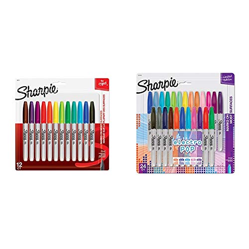 Sharpie 30075PP Permanent Markers, Fine Point, Assorted Colors, 12 Count & 1927350 Electro Pop Permanent Markers, Fine Point, Assorted Colors, 24 Count