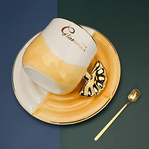8.7 Oz /260 Ml Cute Ceramic Scallop Shape Handle Coffee Cup Saucer & Spoon Sets, Christmas Gifts Mom Birthday Gifts Mother's Day For Mother,Tea Cup Mug (Yellow) #TOP2