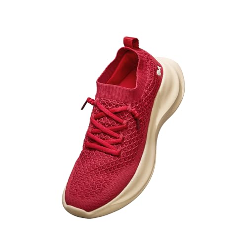 Neeman's Knit Gliders Casual Sneakers for Women | Breathable AirKnit Upper, Cushioned Insole & Slip-Resistant Sole for All-Day Comfort | Red/Ecru UK5