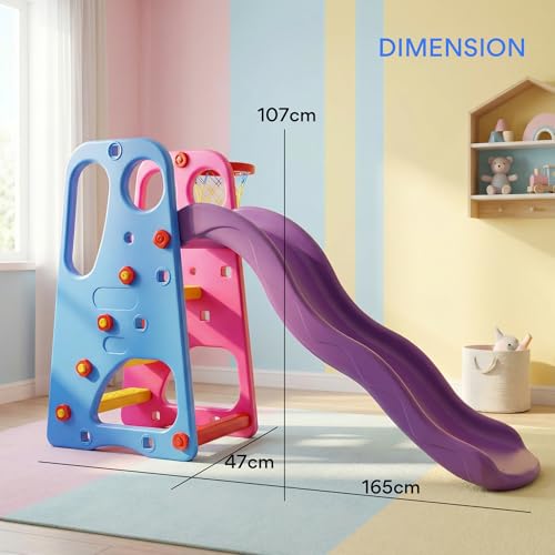 Image of Baybee 3 in 1 Baby Slides for Kids | Perfect Garden Sliding Toy with Basketball Set & Anti Slip Steps | Baby Play Area Indoor Mini Playground Setup | Outdoor Slider for Kids 2 to 5 Years Boys Girls