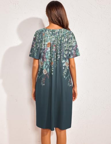 Image of Ekouaer 2 Pack House Dresses for Women with Pockets Short Sleeve Moo Moos | Floral Print Mumu Dresses, V-Neck Pleated Nightgown, Soft, No-Pilling, Wrinkle-Free Moomoo Dress for Home & Garden, S-4XL