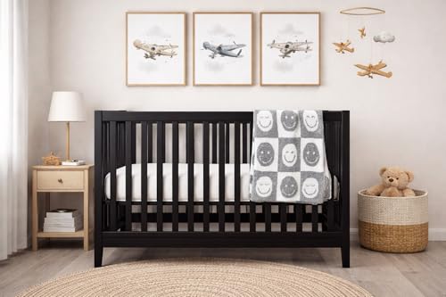 Image of L+L USA Checkered Smiley Face Baby Blanket 28 inchx40 inch - DreamSoft Knit Throw for Crib, Stroller or Car Seat Blanket /Newborn Nursery Gift Essential for Toddler, Infant, Kids, Boys & Girls (Gray /White)
