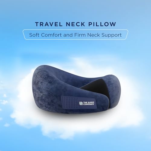 Image of The Sleep Company Travel Neck Pillow | PU Latex | Neck Support | Perfect For Flights, Car, Train and Bus Journeys | Dual Height Design | Compact Zippered Case | Light Weight | Adjustable Velcro | Blue