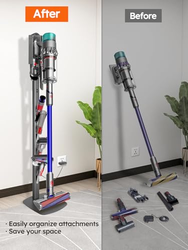 Image of Vacuum Stand for Dyson Gen5 V15 V12 V11 V10 V8 V7 V6 - Stable Metal Holder w /Hidden Cord Management & 4 Hooks, Storage Rack for Dyson Cordless Vacuum & Accessories, Easy Assembly, Dark Gray