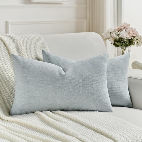 FUTEI Dusty Blue Chenille Decorative Throw Pillow Covers 12x20 Inch Set of 2,Soft Cozy Faux Linen Textured Lumbar Pillow Cases,Farmhouse Home Decor for Couch Living Room