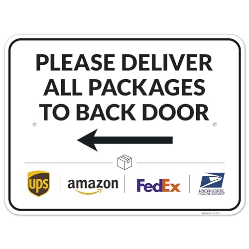 Image of Package Delivery Sign, Delivery Instructions Deliver All Package to Back Door Left Arrow Sign, 18x24 Inches, Rust Free .063 Aluminum, Fade Resistant, Made in USA by Sigo Signs