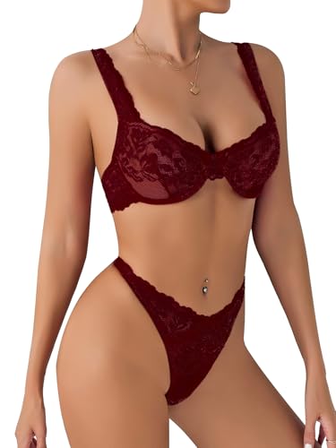 Lilosy Sexy Floral Lace Underwire Push Up Lingerie Set Outfits3