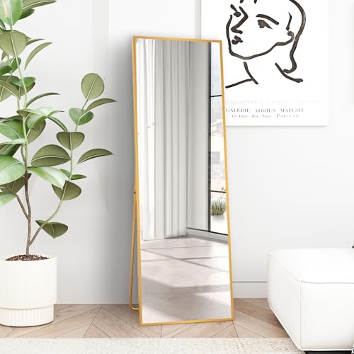 AUFHELLEN Ganzkörperspiegel 150x40cm mit Golden Metallrahmen Standspiegel HD Groß Wandspiegel mit Haken für Wohn-, Schlaf- und Ankleidezimmer Spiegel