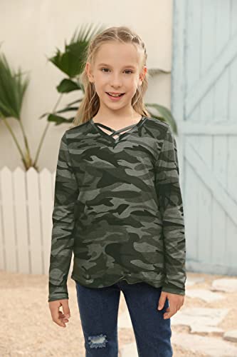 Image of Girls Camouflage Stripe Short Sleeve Shirts V Neck Criss Cross Tees Sweat Kids Casual Sport Tops Blouse(4-15T)