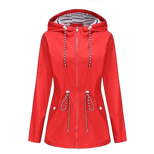 Manteau de pluie femme imperméable rouge L : veste longue d'hiver avec capuche