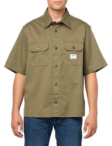 Image of HUGO Men's Front Pocket Cotton Twill Short Sleeve Button Down Shirt, Spinach Green, Large
