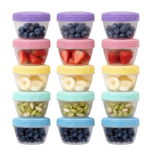 Small Food Containers with Lids for Baby Toddler 4 oz, 15 Pack Easy Open Ultra Thick Reusable Plastic Freezer Kids Food Storage Box for Snack Lunch...
