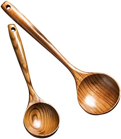 2 Pcs Wooden Spoon Ladle for Cooking Spoons-14 inch Long Kitchen Cooking Spoon & 11 inch Best Wood Spoons Large Deep Serving Spoons Soup Ladles Set
