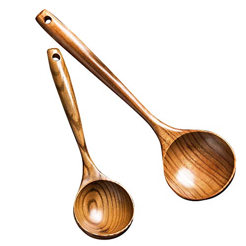 2 Pcs Wooden Spoon Ladle for Cooking Spoons-14 inch Long Kitchen Cooking Spoon & 11 inch Best Wood Spoons Large Deep Serving Spoons Soup Ladles Set