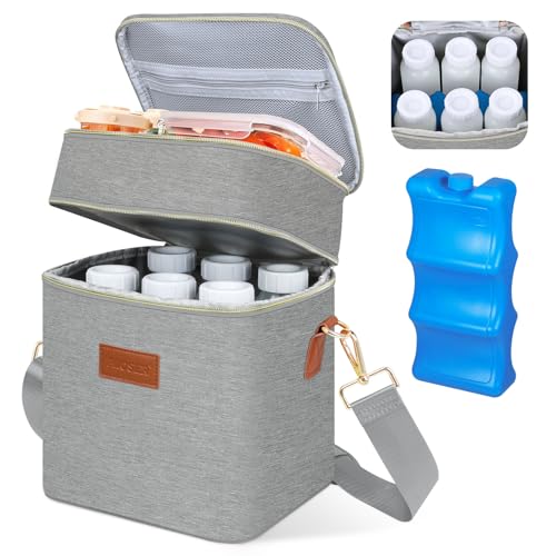 Image of PIIOSER Breastmilk Cooler Bag with Ice Pack Fits 6 Baby Bottles Up to 9 Ounce, Insulated Baby Bottle Tote Bags, Double Layer Waterproof Leak-Proof with Shoulder Strap for Nursing & Working Mom (Grey)