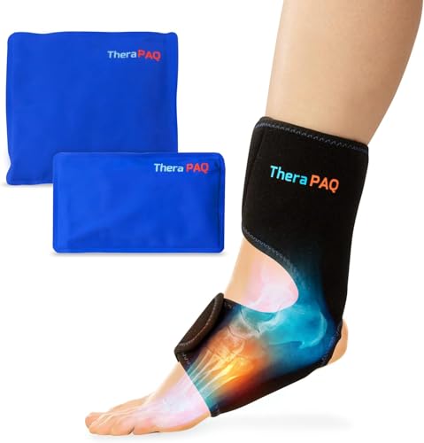 TheraPAQ Ankle Ice Pack Wrap for Injuries - Hot & Cold Reusable Compression Brace w/ 2 Gel Packs for Relief from Sprain, Sports Injury, Plantar Fasciitis, Achilles Tendonitis - Fits XS- XL