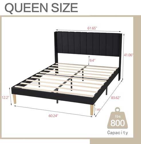 Image of AGARTT Upholstered Platform Bed Frame Queen Size, Black Linen