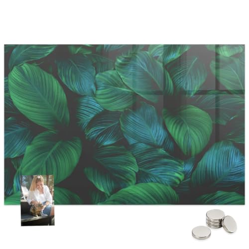 Tablón de anuncios magnético 90x60 cm en cristal templado con diseño de hojas de la naturaleza