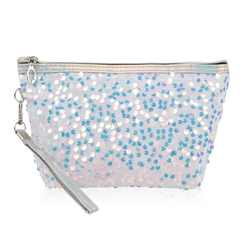 RIAH FASHION Pouch Clutch Organizer Bag - Travel Cosmetic Makeup Toiletry Jewelry Cute Sequin Purse Adjustable Strap (Sequin Glitter Cosmetic Pouch - White)
