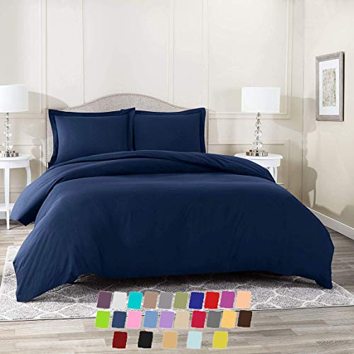 600 Thread Count 100% Egyptian Cotton 3-PCs Duvet Cover Set (1 Duvet Cover Button Closure with Corner Ties & 2 Pillow Shams) Solid (Full/Queen, Navy Blue)