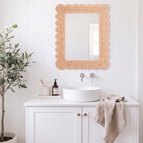 Image of Small Scalloped Rattan Wall Mirror 23 inch x 17 inch Decorative Mirror | Decorative Natural Rattan Wall Wavy Mirror, with Handwoven Frame, for Bathroom, Living Room, Entryway Decor