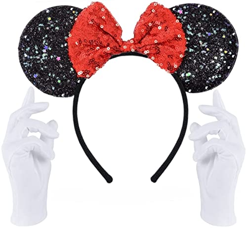 FLYWIND Maus Haarreifen mit Glitzer Maus Ohren Schleife + Handschuhe + Nase, Karneval Kostüm Damen Fasching Accessoire für Damen & Kinder Cover