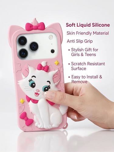 Image of amazon basics Luxury 3D Marie Cat Pink Silicone Case for iPhone 17 Pro Max | Cute Cartoon Soft Back Cover | Shockproof Kawaii Designer Cover for Girls & Women