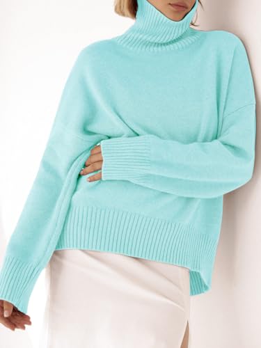 Image of YKR Women's Turtleneck Sweater Chunky Long Sleeve Knitted Pullover High Low Hem Trendy 2025 Fall Winter Basic Jumper Top