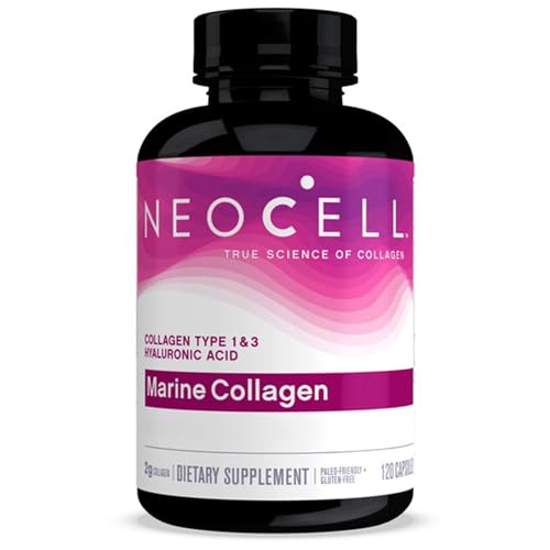 NeoCell, Marine Collagen, Colágeno de Pescado Tipo 1 y 3 + Ácido Hialurónico, Alta Dosificación, 120 Cápsulas, Testado en Laboratorio, Sin Gluten, Sin Soja, Sin OGM