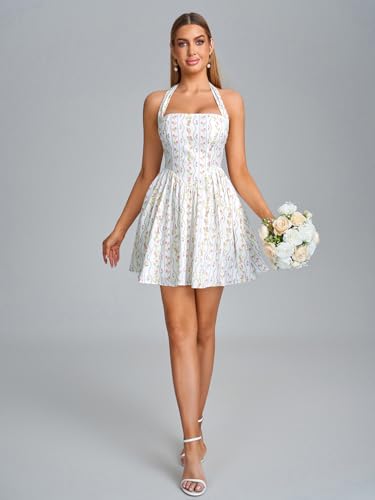 Image of Parthea Women's Floral Halter Mini Corset Dress Sleeveless A Line Flowy Cute Party Graduation Dress