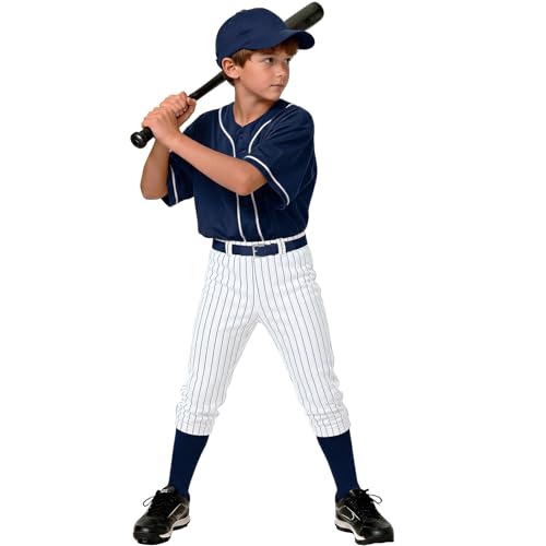 Boys Pinstripe Baseball Pants Youth Girls Softball Pants Toddler Kids Tee Ball Pant (White Navy 8-9 Years)