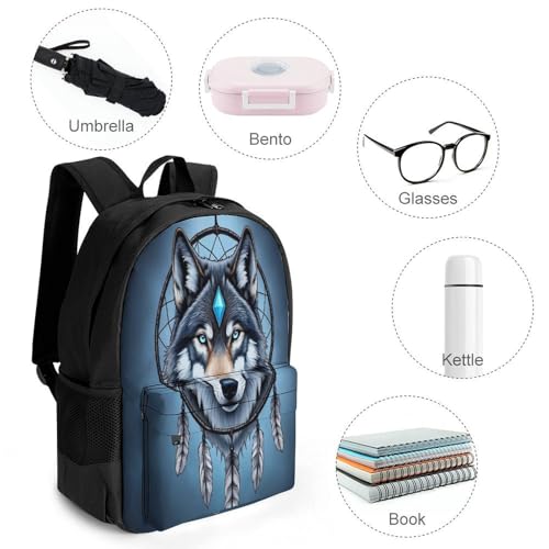 Unisex Native Wolf Dream Catcher Backpack, Elegant Large Capacity Backpack with Water Bottle Pocket, Adjustable Travel Shoulder Bag for Women Men4