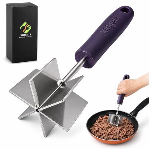 Image of Large Stainless Steel Meat Chopper, Masher & Cocktail Muddler | Dishwasher Safe | 6-Blade Chopper Tool | Oversized Ergonomic Handle | Heat Resistant Grip (Midnight Plum 10 inch)