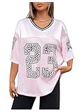GORGLITTER Women's Jersey Shirts Oversized Letter Graphic T Shirts V Neck Half Sleeve Streetwear Tops Pink L