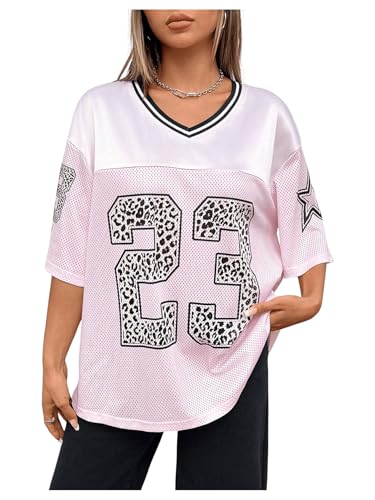 Image of GORGLITTER Women's Jersey Letter Graphic Tee Oversized Off Campus T Shirts V Neck Half Sleeve Summer Festival Streetwear Tops Pink L