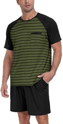 PrinStory Men's Pajama Set Sleepwear Pjs Lightweight Short Sleeve Crewneck Shirts and Shorts Soft Co...