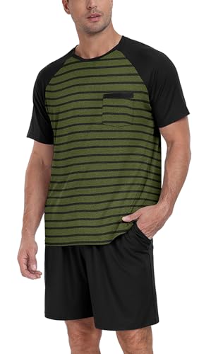 PrinStory Men's Pajama Set Sleepwear Pjs Lightweight Short Sleeve Crewneck Shirts and Shorts Soft Comfy Sleep Sets Black Green Stripe L
