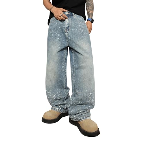 Rhinestone Blue Jeans Men Baggy Y2K Wide Leg Bedazzled Denim Pants Streetwear Washed Bling Bottoms Glitter Embellished 2000s, Large