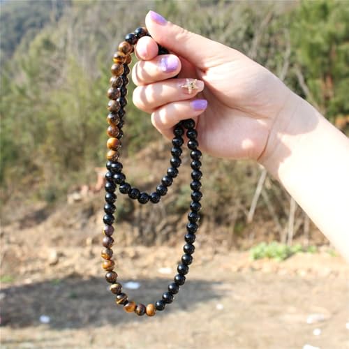 Natural Stone Beaded Necklace 8mm Tiger Eye Black Obsidian and Hematite Buddha bead lucky necklace 26 Inches, Black and Brown Men and women necklaces fift3