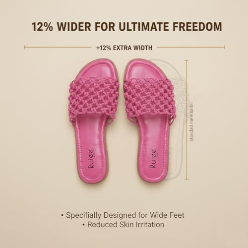 Image of Ruiee Wide Width Flat Sandals for Women. | Wide Width Sandals, X-Wide Feet Slides, Summer Braided Flat Slides, Versatile, Fashion Comfort