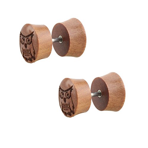 2 pieza Búhos Madera Fake Plug Pendientes Logo marrón pendientes túnel Diámetro 10 mm Cover
