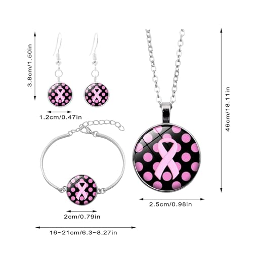 Hundakvy 3 Pcs Pink Ribbon Breast Cancer Awareness Necklace Bracelet Earrings Set for Women Girls Rose Ribbon Breast Cancer Awareness Jewelry Courage Support October Pink Bracelets Sets (10x10x3cm) - Image 3
